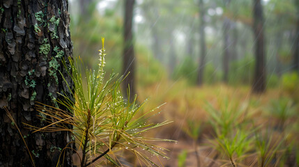 Lush greenery of the Pine Barrens with a focus on the textured bark and pine needles, captured during a soft rainfall