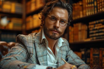 Obraz premium An intellectual figure with a contemplative gaze poses in a richly detailed library setting, evoking a sense of wisdom and reflection