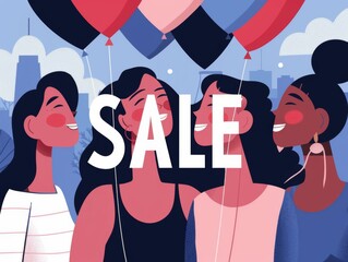 A vibrant illustration of a diverse group of women with the word 'SALE' in white balloon letters.