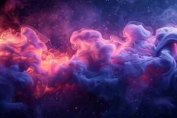 Spectacular cosmic cloudscape with swirling vibrant hues of pink and blue, dotted with stars, suggesting a nebula