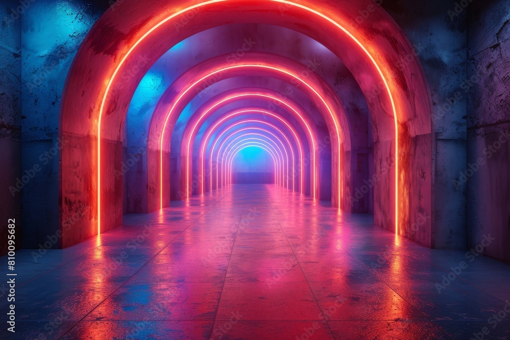 Poster a visually striking image showcasing a corridor with neon lights leading into the distance, creating