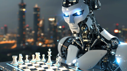 An ultra-modern cybernetic robot with glowing eyes strategizing over a holographic chess board, futuristic cityscape in the background , hyper realistic, low texture, low noise