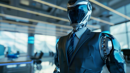 cybernetic robot figure wearing a suit and tie, standing in an office space , hyper realistic, low texture, low noise
