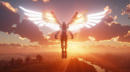 A celestial cybernetic robot angel soaring through the sky with glowing wings, radiating light over a serene landscape at dusk , hyper realistic, low texture, low noise