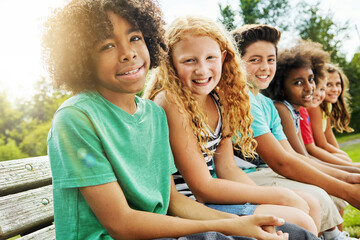 Friends, happy and portrait of kids in nature for outdoor school trip, adventure or bonding. Student, smile or children with diversity in park for connection, summer camp or vacation in Washington dc