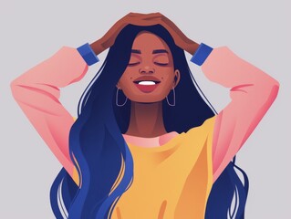 Illustration of a joyful woman laughing with eyes closed, hands in hair, on a light background.