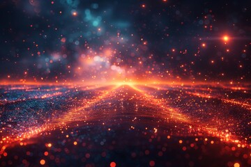 Obraz premium This striking image depicts an abstract network of particles creating an explosive pattern, with a red-orange center leading to cooler tones
