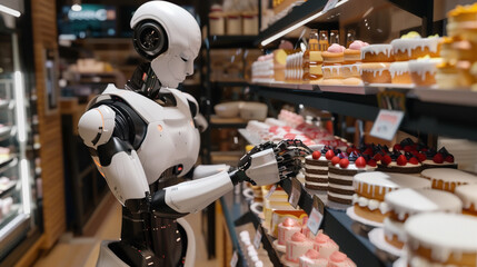 A charismatic cybernetic robot pastry chef decorating elaborate cakes with robotic precision