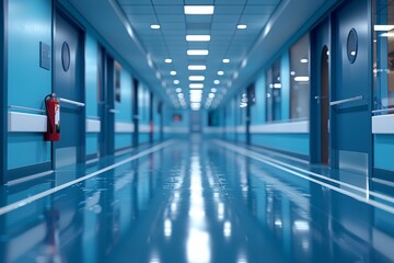 Fototapeta premium Showcasing an impeccably clean hospital corridor with reflective floors and a sleek, modern design