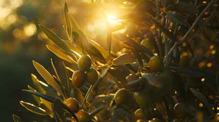 Macro shot of olives still on the tree, illuminated by a beam of sunlight filtering through the leaves, highlighting their glossy texture
