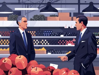 Illustration of supermarket manager talking to a customer among fresh produce with wine display in background.