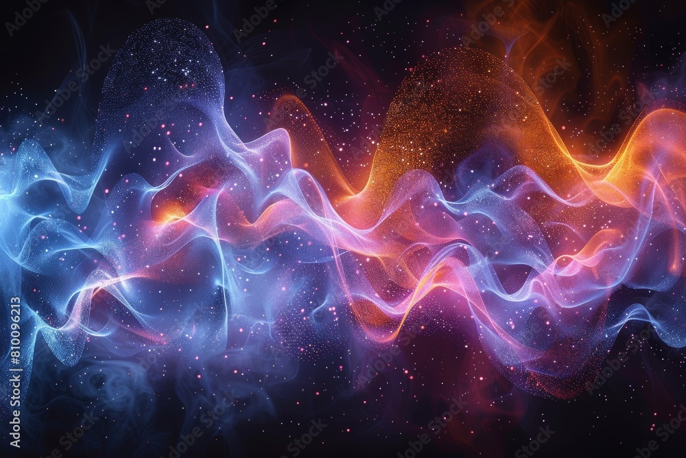 Poster vibrant abstract representation of cosmic energy with intertwining waves of particles and light acro