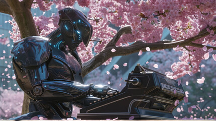A contemplative cybernetic robot poet composing verses under a cherry blossom tree, vintage typewriter before him, petals drifting gently , hyper realistic, low texture, low noise