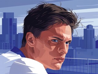 Illustration of a young male tennis player with a focused expression, ready to hit a forehand stroke.