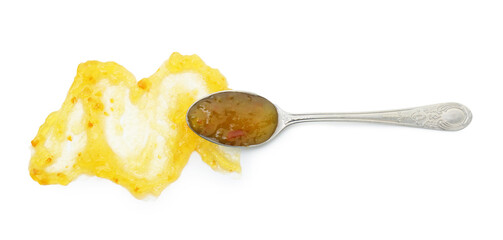 Spoon and delicious sweet jam isolated on white, top view