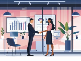 Two business professionals shaking hands in a well-lit office with a graph chart on the wall.