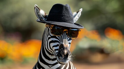 Chic Zebra Wearing Sunglasses and Trilby Hat, Space for Text Provided