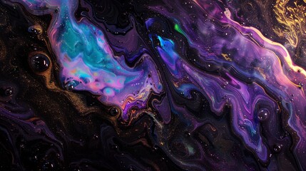 Liquid opal shimmering amidst a canvas of midnight blacks and royal purples.
