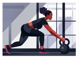 Illustration of a woman performing a kettlebell workout, isolated on a white background.