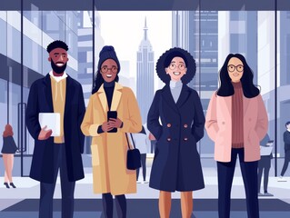 Illustration of four successful businesspeople with diverse ethnicities smiling in a city setting.