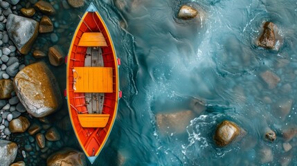   A tiny orange boat floats atop a body of water, surrounded by rocks Nearby, a water body is filled with water - Powered by Adobe