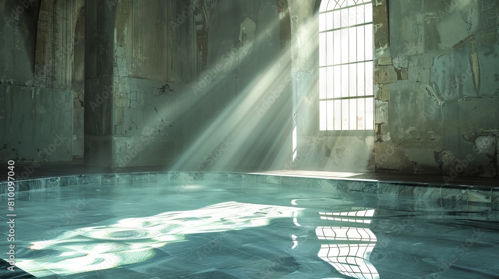 Poster clear space for message next to an image of a christian baptismal pool with sunlight streaming in