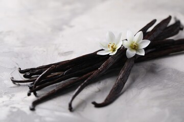 Vanilla pods and flowers on light textured table, closeup