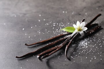 Vanilla pods, flower, leaf and sugar on grey textured table, closeup
