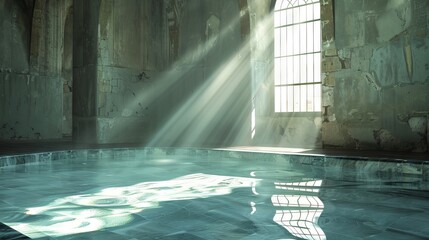 Clear space for message next to an image of a Christian baptismal pool with sunlight streaming in