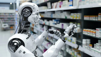 A cybernetic robot pharmacist efficiently dispensing medication in a modern pharmacy