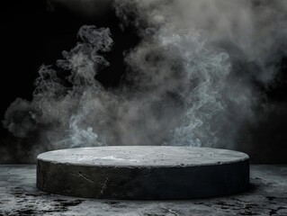 An empty, dark podium enveloped in swirling mist against a murky background.