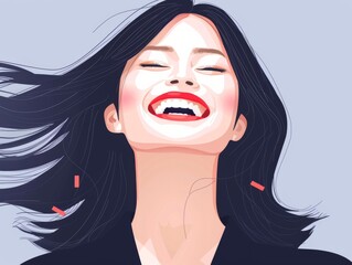 Illustration of a woman laughing with eyes closed, her hair flowing, set against a plain background.