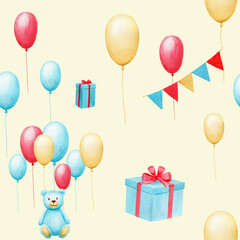 Seamless watercolor pattern with blue bear, gift box, flags, air balloons. Handmade watercolor illustration on light yellow background