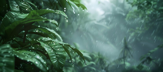 Moody and atmospheric shot of a cloud forest after rain, with water droplets hanging from leaf tips and the earthy smell of wet soil