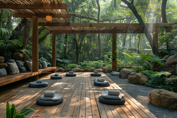 An outdoor meditation yoga spot situated in the heart of a tropical rainforest. Wooden deck with cushions for seating, surrounded by green plants and forest.