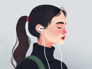 Illustration of a woman in profile wearing a black dress and earphones, with a long ponytail.