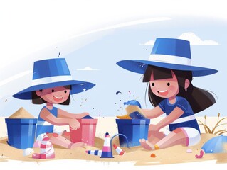 Two animated little girls smiling joyfully at the camera as they play with sand buckets and shovels on a beach.