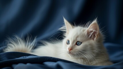 Dreamy Scene of a White Kitten on a Deep Navy Background, Showcased in Full Ultra HD with a Realistic Furry Texture
