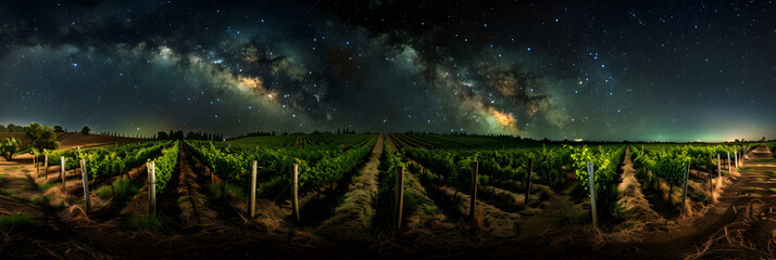 Night view of a vineyard under a starry sky, with subtle lighting illuminating the rows of vines...