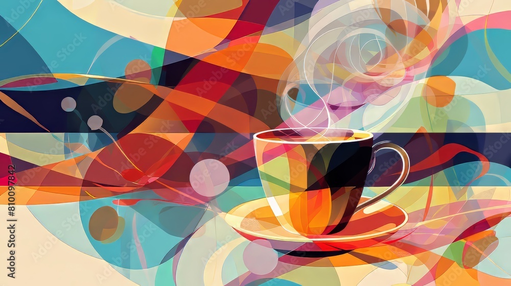 Poster Colorful abstract composition with dynamic lines and shapes complementing a steaming cup of coffee