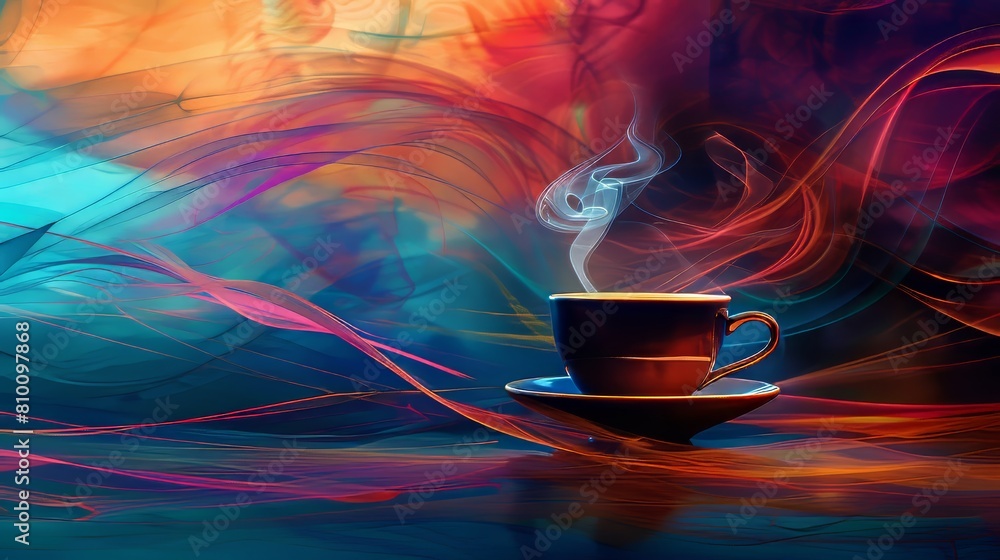Poster Colorful abstract composition with dynamic lines and shapes complementing a steaming cup of coffee
