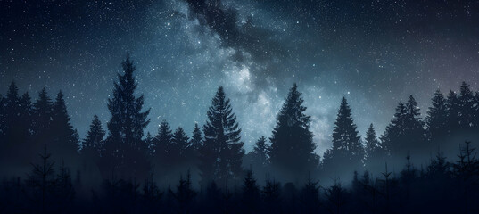 Nighttime in a coniferous forest under a starry sky, the silhouettes of pine trees against the...