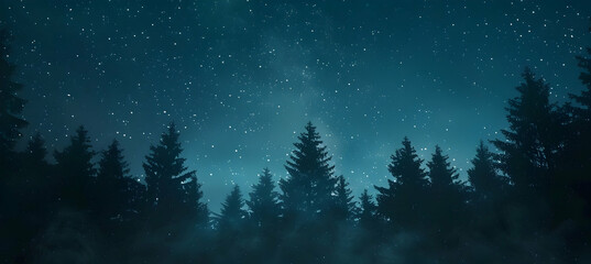 Nighttime in a coniferous forest under a starry sky, the silhouettes of pine trees against the...