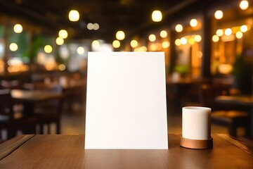 Mockup for menu in wooden frame on table, space for your text or product. Generative AI
