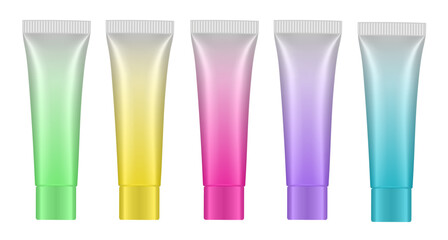 Set of multicolored gradient tubes. 3d mockup. Rainbow palette. Purple, blue, green, yellow and pink colors. Hand cream, mask or lotion. Professional shampoo. Plastic bottle.