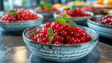   A bowl of cherries on a table surrounded by cherry bowls