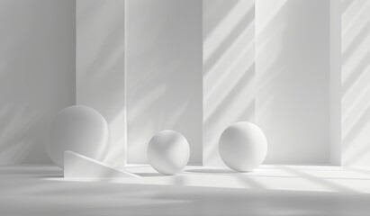 Three white spheres on a white background with geometric shadows for a minimalistic look