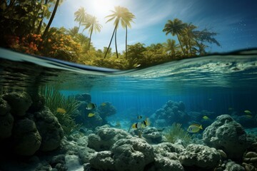 Split-level shot of a vibrant coral reef and lush island above water in a serene tropical setting