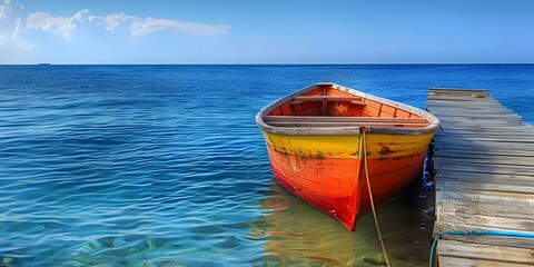 Weathered orange rowboat tied to wooden dock on calm blue sea. Concept Boat Photography, Nautical...