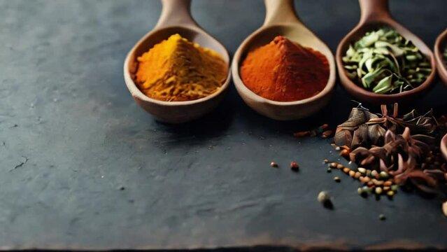 Wooden Spoons with Colorful Spices on a Dark Background